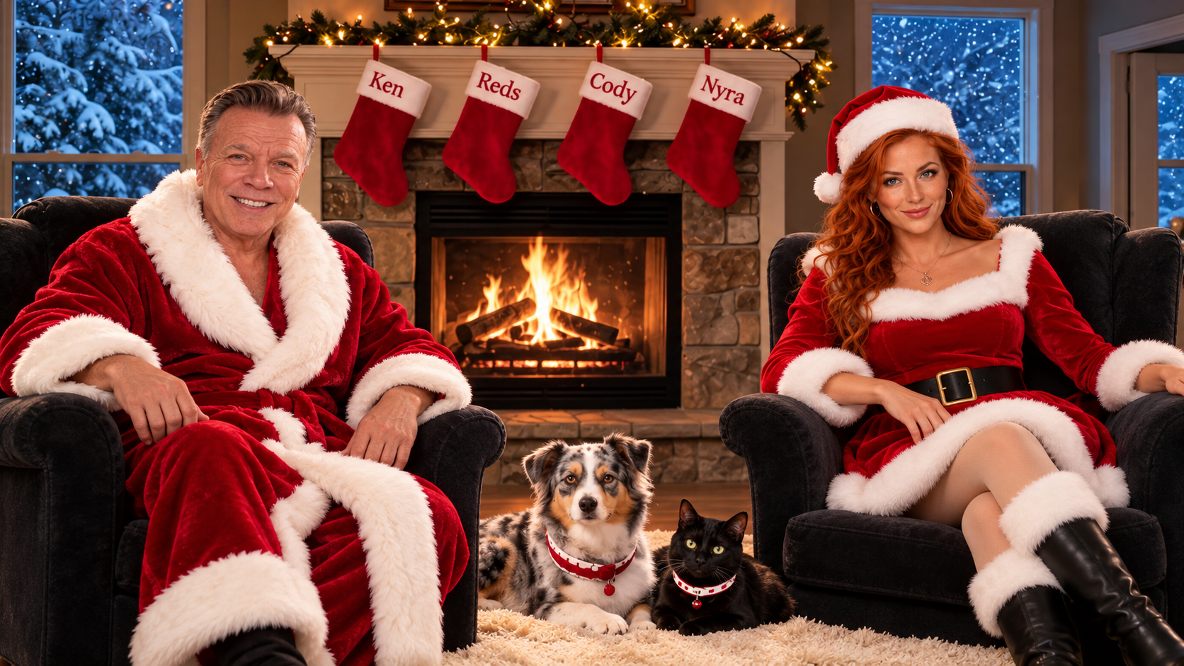 Ken and Reds facing the audience in two armchairs beside a Christmas fireplace, with Cody the dog and Nyra the cat between them