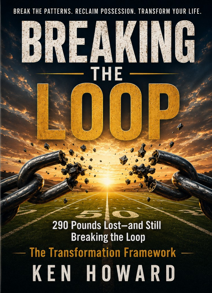 Original Breaking the Loop front cover by Ken Howard, featuring broken chains over a football field